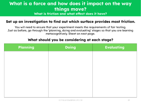 Plan an investigation - Which surface provides most friction? - worksheet