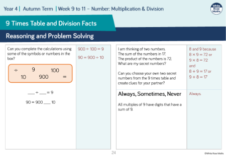 9 times table and division facts: Reasoning and Problem Solving