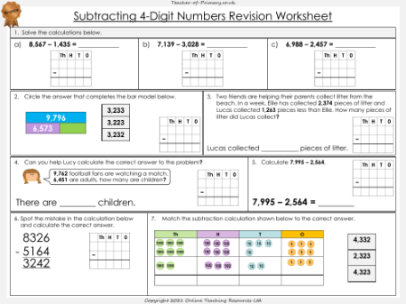 Subtracting 4-Digit Numbers with Exchanges Revision - Worksheet