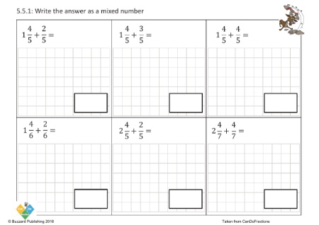 Add mixed and proper same denominator mixed number answer (beyond whole)