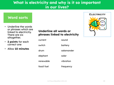 Word sorts - Electricity