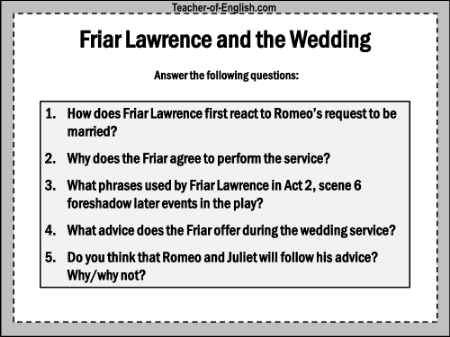 The Marriage - Friar Lawrence and the Wedding Worksheet