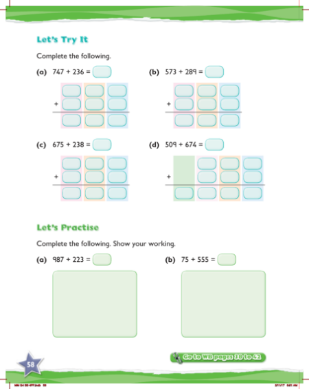 Practice, Addition of 3-digit numbers using regrouping and column method