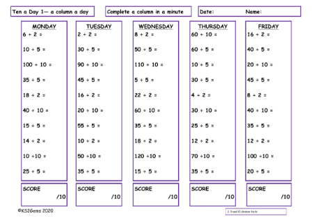 2, 5, & 10 Division Facts