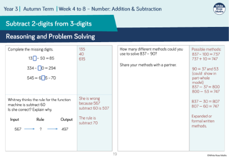 Subtract a 2-digit number from a 3-digit number â€” crossing 100: Reasoning and Problem Solving