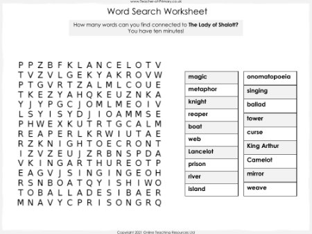 The Lady of Shalott - Lesson 8 - Word Search Worksheet