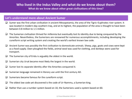 Lets understand more about Ancient Sumer - Indus Valley - Year 4