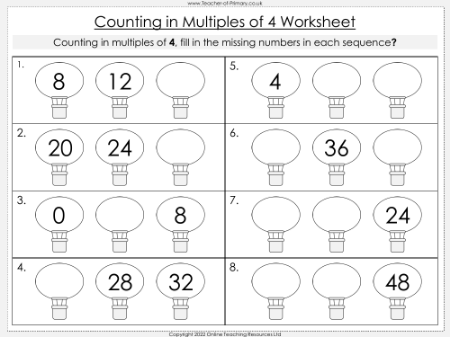 Counting in Multiples of Four - Worksheet