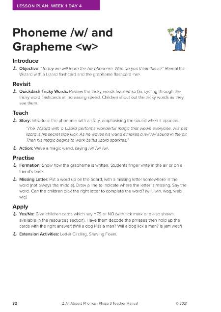 Phoneme "w" and Grapheme "w" - Lesson plan 