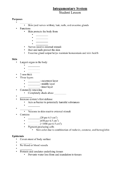 Integumentary System - Student Lesson Outline