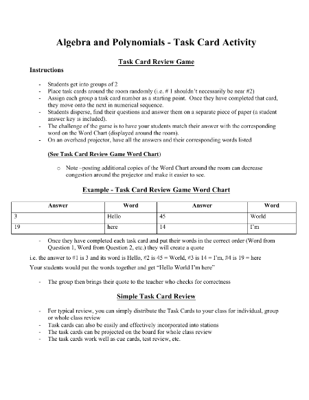 Algebra and Polynomials - Task Card Activity