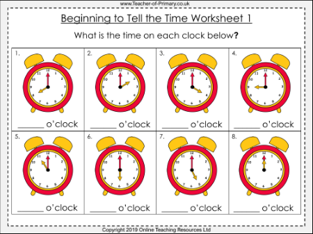 Beginning to Tell the Time - Worksheet