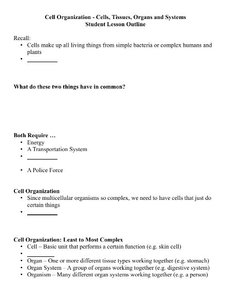 Cell Organization - Student Lesson Outline