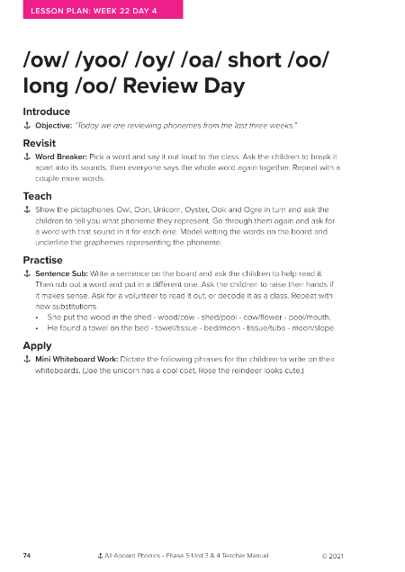 Review day "ow,yoo,oy,oa" Short "oo", Long "oo"- Lesson plan 