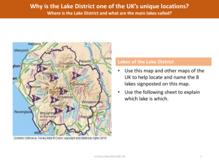 Locate the lakes of the Lake District - Worksheet - Year 3