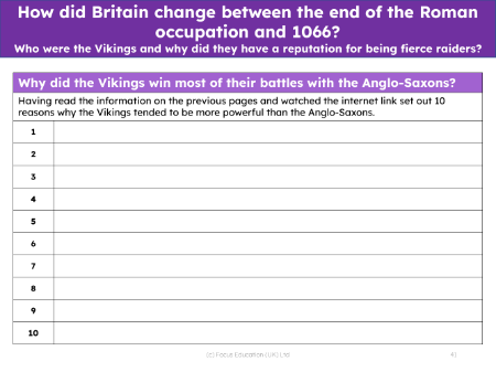10 reasons why the Vikings won most of their battles with the Anglo-Saxons - Worksheet