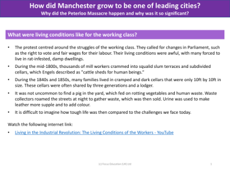 Manchester living conditions for the working class in the 19th Century - Info sheet