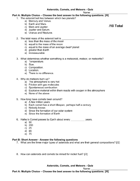 Asteroids, Comets and Meteors - Quiz