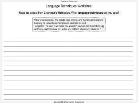 Charlotte's Web - Lesson 14: Last Day - Language Techniques Worksheet