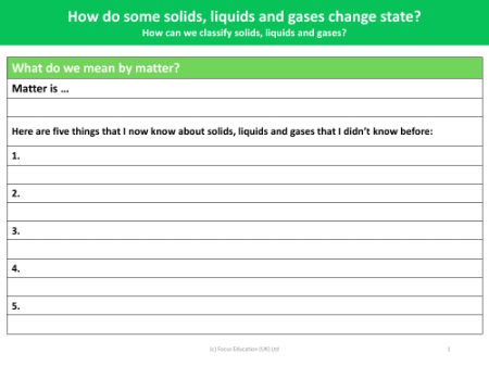 What do we mean by matter? -Worksheet - Year 4