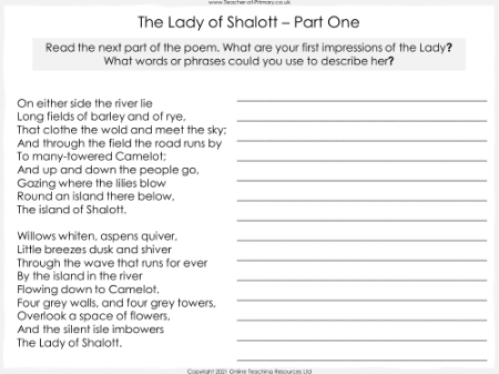 The Lady of Shalott - Lesson 3 - Describing Lady Shalott Worksheet