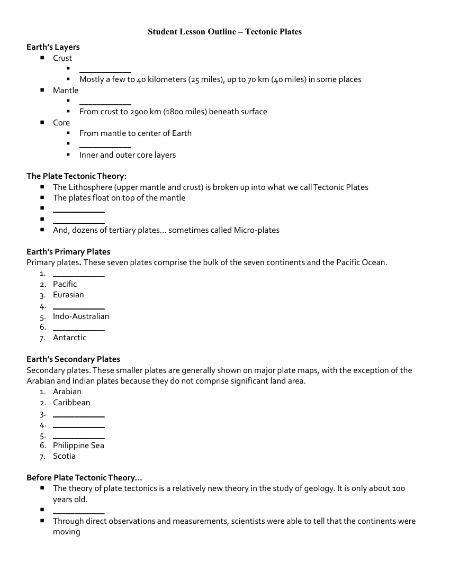 Tectonic Plates - Student Lesson Outline