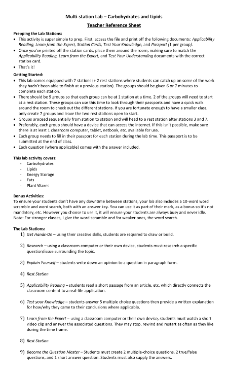 Carbohydrates and Lipids - Activity Instructions