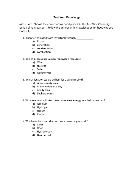 Electricity Production - Test your Knowledge