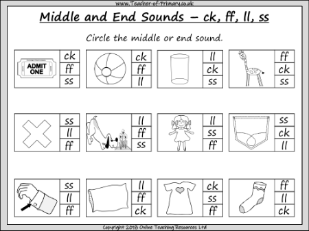 Middle and End Sounds -  ck, ff, ll, ss - Worksheet