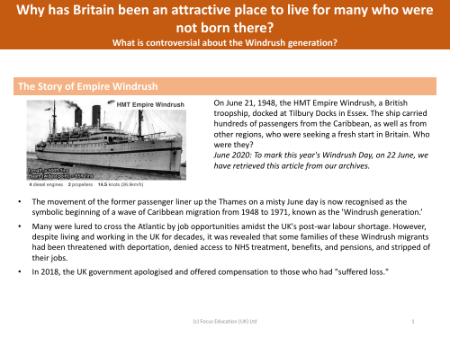 The story of Empire Windrush - Immigration to Britain - Year 6
