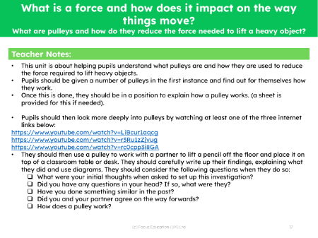 What are pulleys and how do they reduce needed to lift a heavy object? - teacher's notes