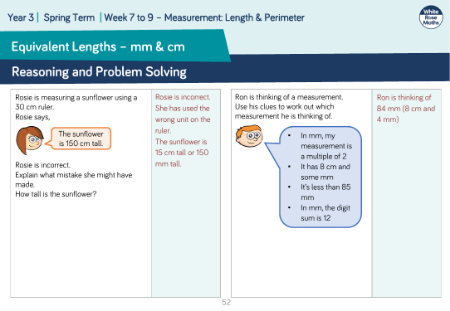 Equivalent lengths â€“ mm & cm: Reasoning and Problem Solving