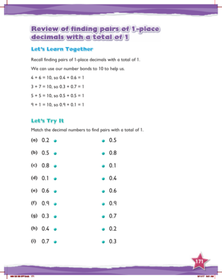 Max Maths, Year 5, Learn together, Review of finding pairs of 1-place decimals with a total of 1