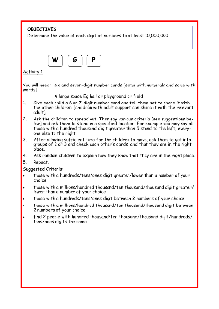 Digit value in numbers up to 10,000,000 worksheet