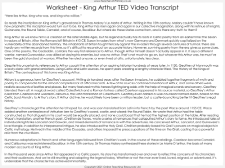 The Lady of Shalott - Lesson 1 - King Arthur TED Transcript Worksheet