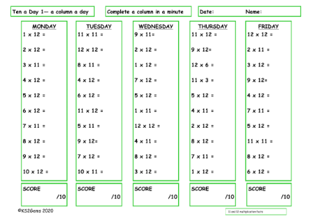 11 and 12 Times Table