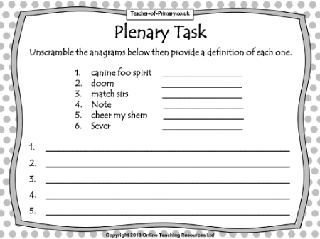 Plenary Task Worksheet
