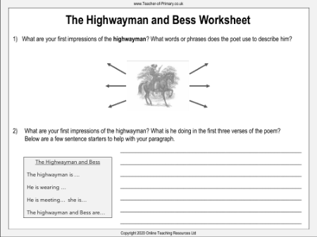 The Highwayman - Lesson 2 - Highwayman and Bess Worksheet