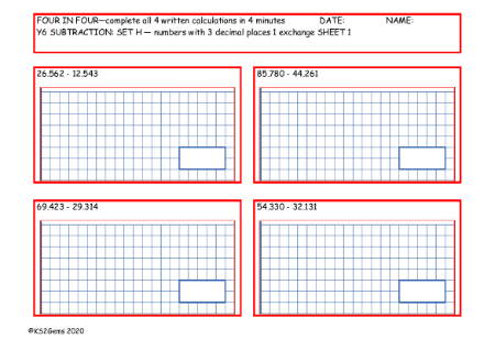 Subtraction Set H - numbers with 3 decimal places 1 exchange