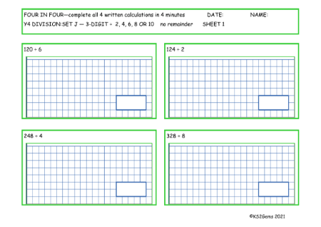  Division Set J 3 digit number - 2, 4 6, 8 or 10 no remainder