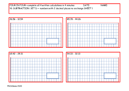 Subtraction Set D - numbers with 2 decimal places no exchange