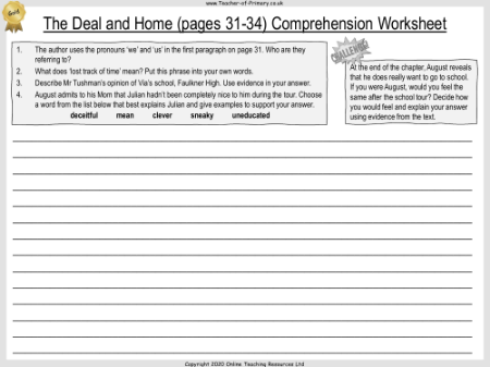 Wonder Lesson 11: The Deal and Home - Comprehension Worksheet 3