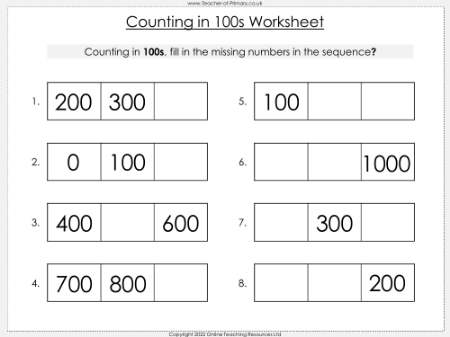 Counting in 100s to 1000 - Worksheet