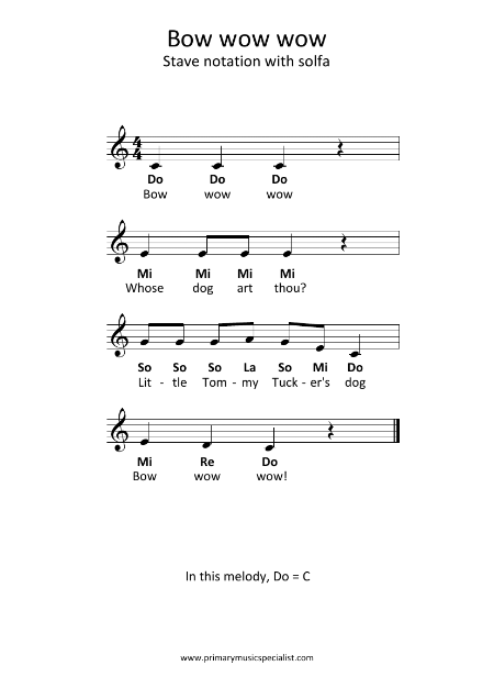 Instrumental Year 4 Stave Notation Sheets - Bow wow wow stave notation solfa
