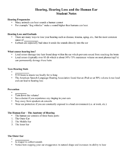 Hearing, Hearing Loss and the Human Ear - Student Lesson Outline