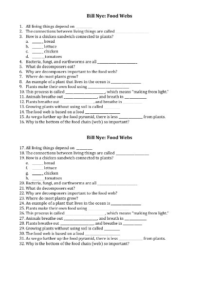 Bill Nye - Food Web Worksheet