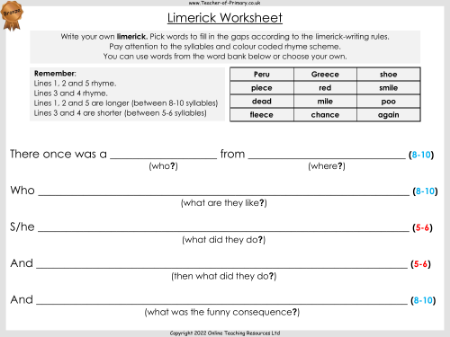 Limericks - Worksheet