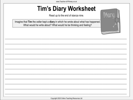 The Highwayman - Lesson 7 - Tim's Diary Worksheet