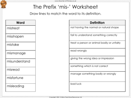 The Prefix 'mis-' - Worksheet