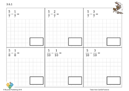 Subtract fractions same denominator within the whole